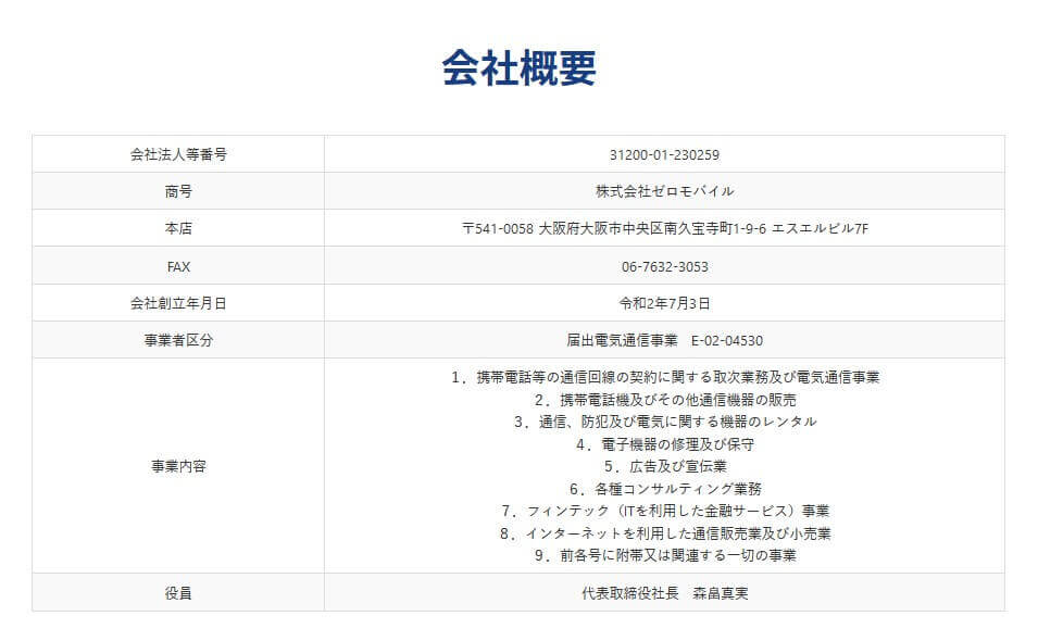 ゼロモバイル(ZERO MOBILE)会社情報